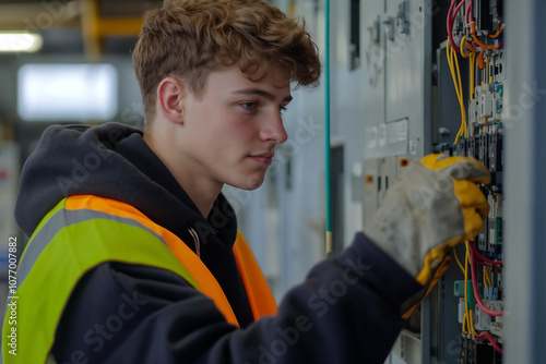 Young electrician working on control panel in workshop