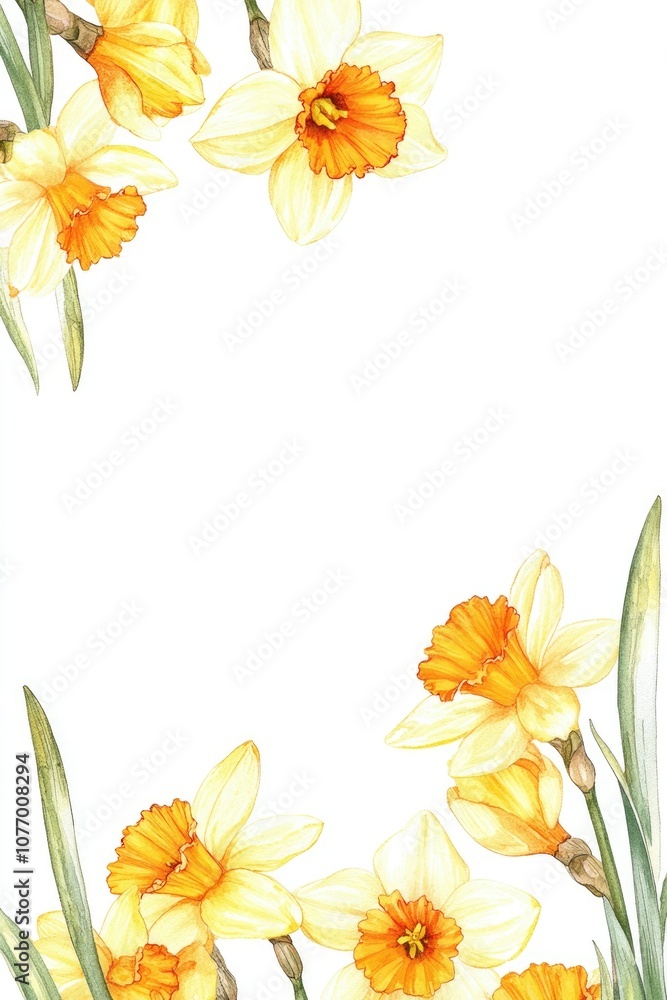 Obraz premium Hand Drawn Watercolor Narcissus Flowers Border on White Background