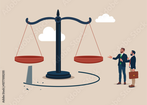 Scale of justice theft. Thief sawing the floor to make corrupt politics falling down. Fraud and failure justice. Flat vector illustration.