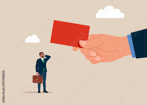 Grand hand of businessman showing a red card to man employee. Modern vector illustration in flat style. 