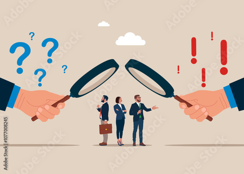 HR or businessman use magnifying glass to choose recruitment applicants. Modern vector illustration in flat style. 