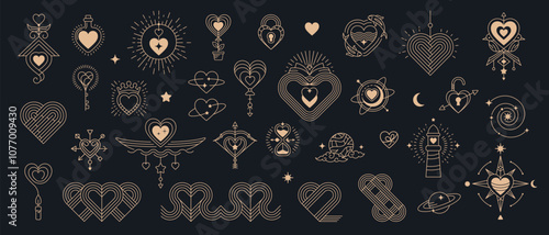 Golden boho Valentine esoteric elements, celestial and mystic symbol icons. Vector line love hearts, stars and moon, sun and planets. Valentines Day boho art Cupid arrows and bow, padlocks and keys