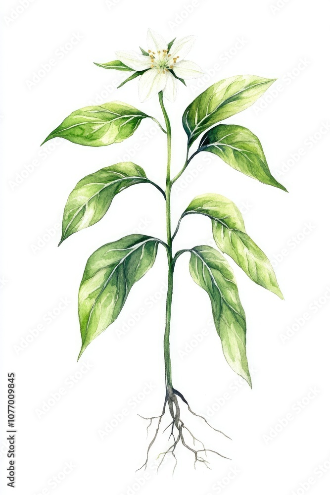 Obraz premium Rustic Botanical Illustration of Fresh Ground Elder Herb with Watercolor Leaves and Flowers, Isolated on White Background