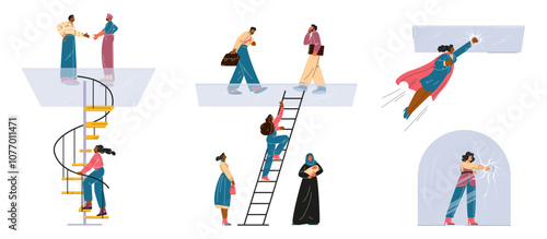 Set of illustrations of women breaking glass ceiling and climbing ladder where men stand.