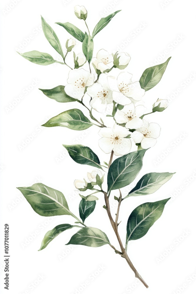 Fototapeta premium Watercolor Myrtle Branch with Blooming Flowers and Leaves on White Background