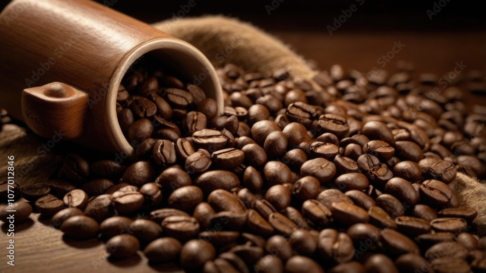 Fototapeta premium Close-up image of rich brown aromatic coffee beans, invoking a sense of warmth and comfort