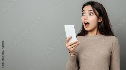 Cute asian girl holding smart phone in hand, screams with joy and happiness, female suprise feeling, winner expression of a woman photo