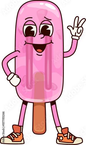 Ice cream, popsicle gelato groovy character. Confectionery fruit ice cream cute cartoon character, gelato or frozen juice dessert childish groovy vector mascot. Gelateria popsicle isolated personage