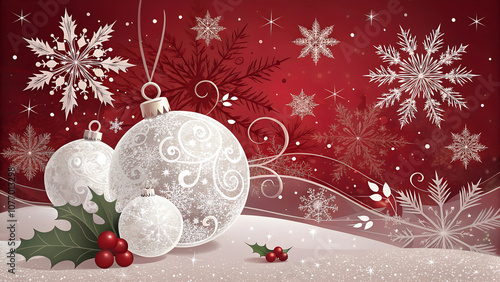 Elegant white Christmas ornaments on a rich red background with holly and snowflakes
