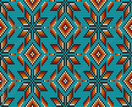 Timeless Southwest Native American Aztec beads motif teal Vector Pattern. Tribal beaded geometrics in red, orange, yellow, teal seamless pattern.