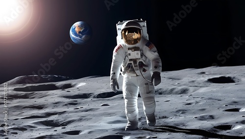 This high-resolution photograph captures a breathtaking moment of an astronaut walking on the Moon’s surface with Earth rising in the background.  photo