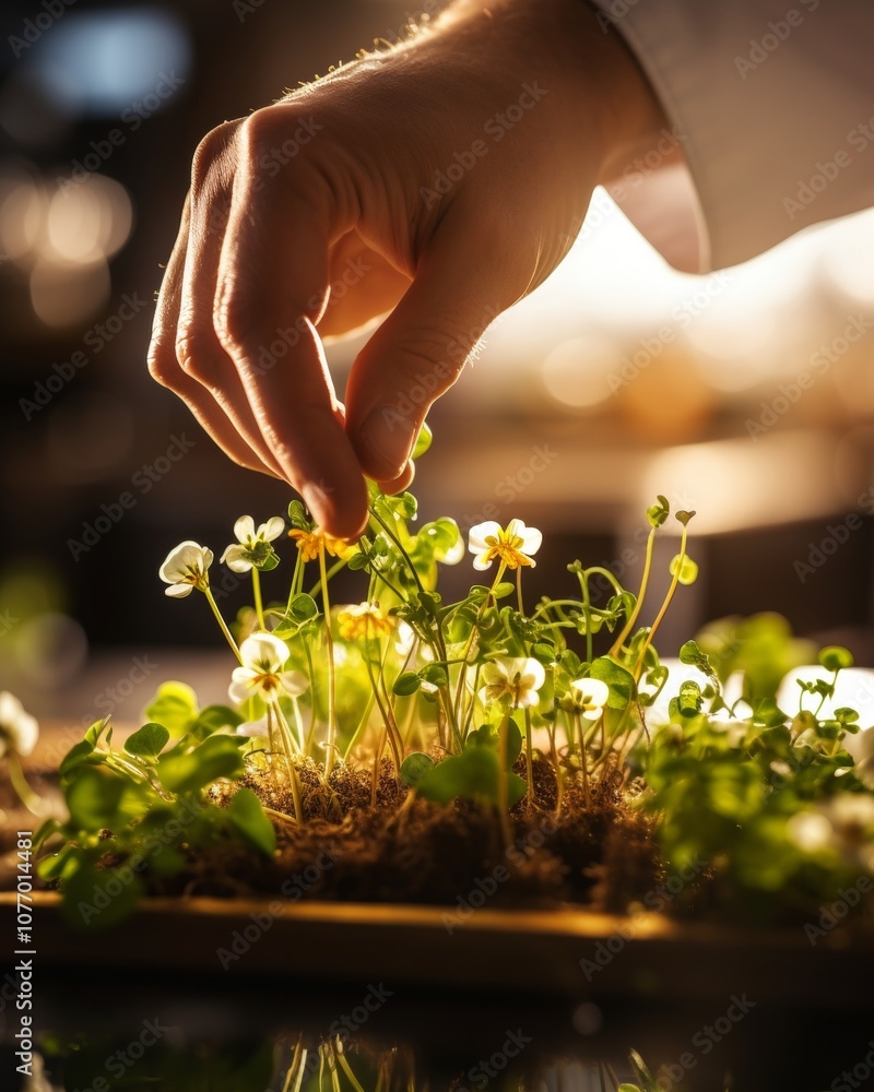 Fototapeta premium Chef meticulously plating gourmet dish with delicate flowers and herbs in modern kitchen.
