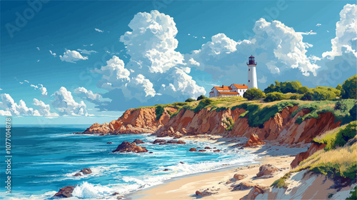 A vibrant coastal scene featuring a lighthouse on rocky cliffs overlooking a sandy beach and blue ocean waves. Puffy white clouds fill the bright sky, adding depth to the picturesque view