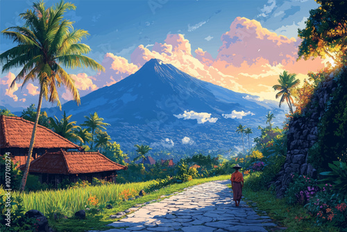 A picturesque tropical landscape featuring a traveler on a stone path with a towering volcano in the background, framed by palm trees and traditional huts. The sky glows with warm, evening light