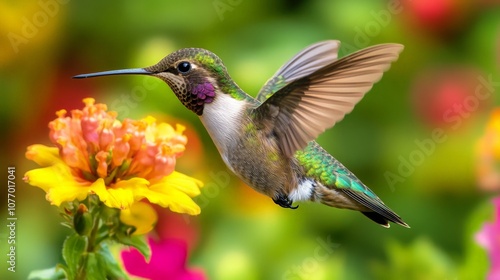 Hummingbird in Flight, A vibrant scene showcasing a hummingbird hovering near a bright flower, highlighting the bird's iridescent feathers and swift wing movement. photo