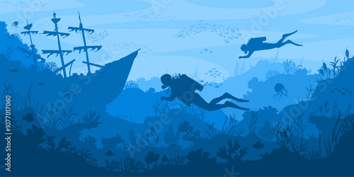 Diving silhouette landscape. Underwater adventure with scuba divers exploring marine life, sunken ship and coral reef. Deep sea exploration layered aquarium background vector illustration.