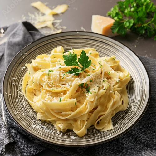 A plate of creamy fettuccine Alfredo topped with fresh parsley and grated Parmesan cheese