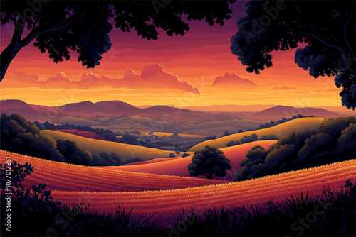 A tranquil sunset landscape with rolling hills in warm orange and purple tones. Framed by trees, the glowing sky creates a peaceful, serene atmosphere in this idyllic countryside view