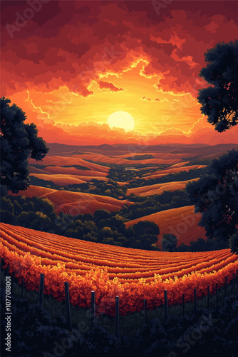 A captivating sunset over rolling hills covered with vibrant orange and golden fields. The warm sun sets behind the horizon, creating a dramatic and peaceful landscape framed by trees