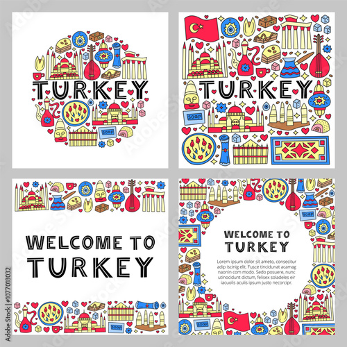 Turkey national landmarks and attractions in doodle style isolated on white backgrounds. Welcome posters. Turkish tourism concept.