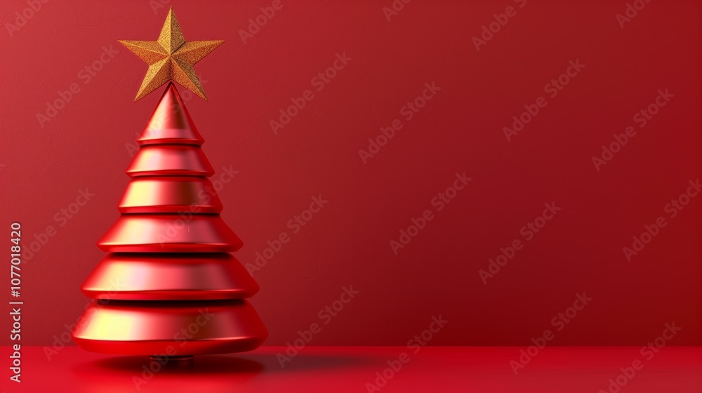 A stylized red metallic Christmas tree with a golden star on top set against a red background. A stylized red metallic Christmas tree with a golden star on top set against a red background.