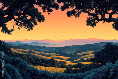 A vibrant landscape of rolling hills and vineyards at sunset, framed by dark trees. The sky is filled with warm orange and purple hues, creating a serene and picturesque view over the countryside