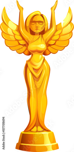 Cartoon golden victory figurine award or trophy statuette for winner, vector icons. Victory figurine award of woman goddess in Greek tunica with raised hands and golden wings for win trophy