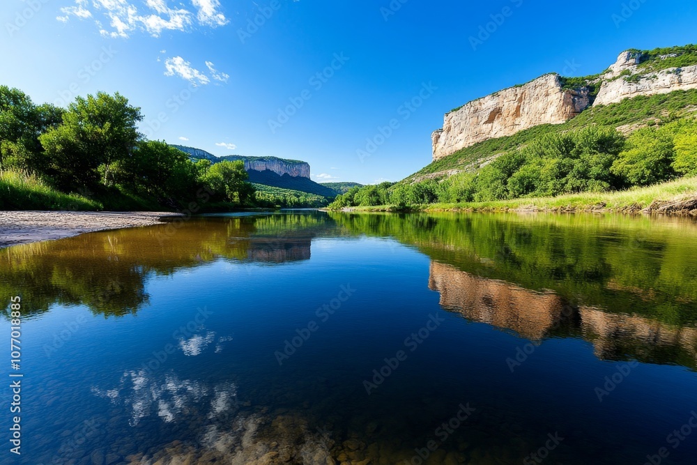 Fototapeta premium Landscape of a calm river flowing through a valley, with reflections of trees and hills on the water