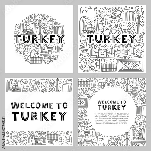 Turkey national landmarks and attractions in doodle style isolated on white backgrounds. Welcome posters. Turkish tourism concept.