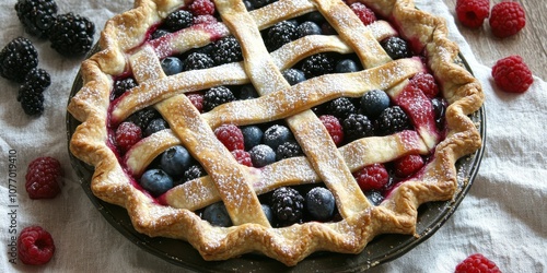 Freshly baked berry pie features a beautifully woven lattice crust, bursting with vibrant blueberries, raspberries, and blackberries nestled atop a wooden surface with leaves for a natural touch. photo