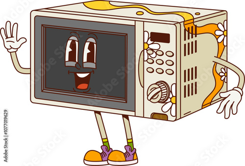 Cartoon groovy kitchen microwave oven character with funny face, vector comic emoji. Groovy microwave oven with funky smile and Hi Hello gesture for retro cartoon kitchen cooking appliance character