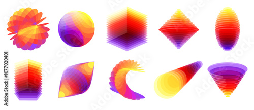 Overlapped 3D shapes. Layered color glass dynamic shape with colorful gradient overlay effect. Abstract translucent forms isolated vector illustration collection.