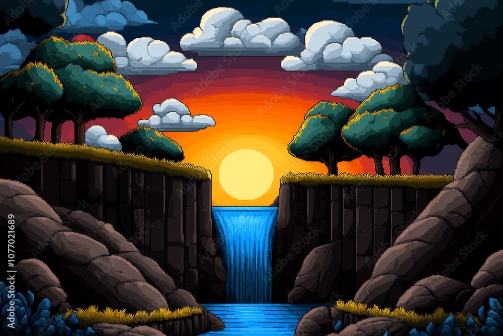 Obraz premium Pixel art of a nature scene with a small river, trees, and a sunset in retro 8-bit style