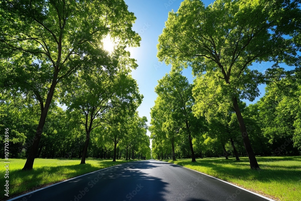 Obraz premium Quiet countryside road lined with tall trees, dappled sunlight filtering through the leaves