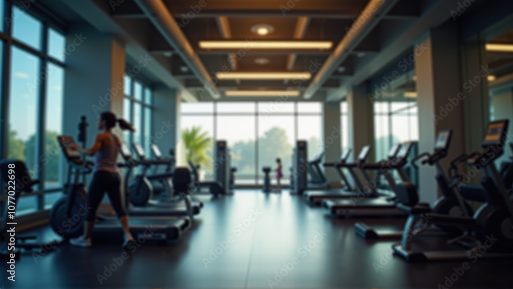 Fototapeta premium Blurry image of a gym with treadmills, ellipticals, and a person exercising. Calm, health-focused atmosphere. Generative, AI,