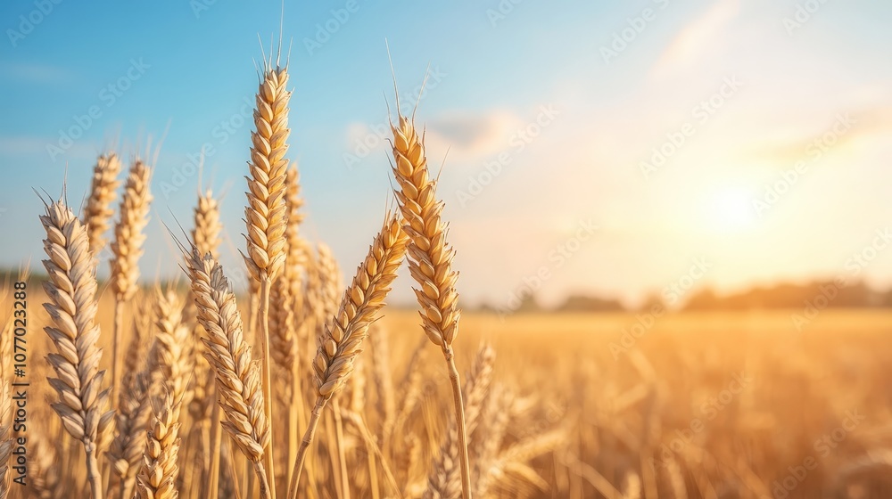 Obraz premium Golden Wheat Field Under a Bright Sky at Sunrise Showcasing Abundant Stalks Illuminated by Warm Light and Drenched in Nature's Bounty for Agricultural Themes