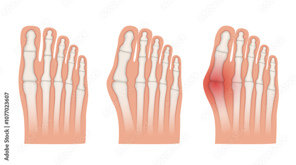 Obraz premium Hallux valgus. Valgus deformity of the big toe joint. Vector illustration.