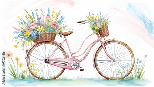 Delightful watercolor depiction of a bicycle in so pastel hues, decorated with a variety of colorful wild and spring flowers in the basket, on a white background, photo