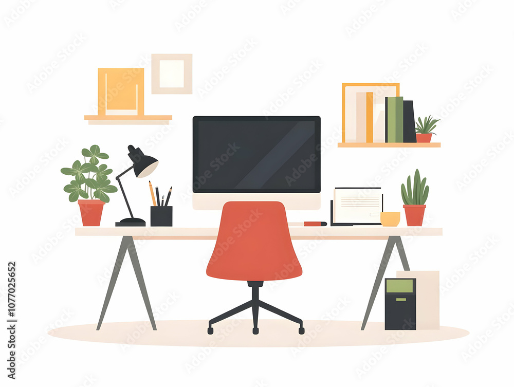 Fototapeta premium Flat Plain Background Glossy Coffee Mug Glasses Laptop Ample Copy Space Remote Work Comfort Personal Touches Simple Vector Illustration Smart Business Tone