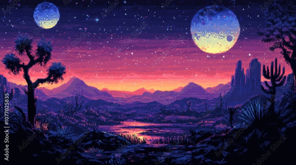 Fototapeta premium A surreal desert landscape under two moons with vibrant night skies and distant mountains.