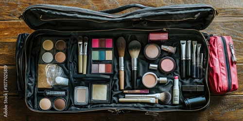A flat lay of an open makeup bag with products like lipsticks, brushes, and powders.