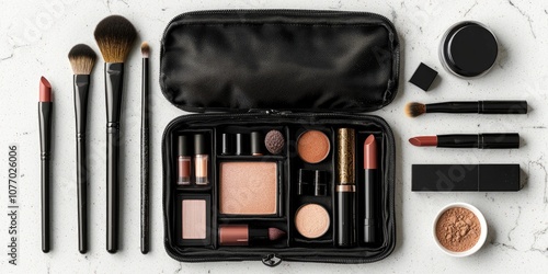 A flat lay of an open makeup bag with products like lipsticks, brushes, and powders.