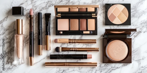A flat lay of beauty makeup products used to achieve a polished and elegant look.
