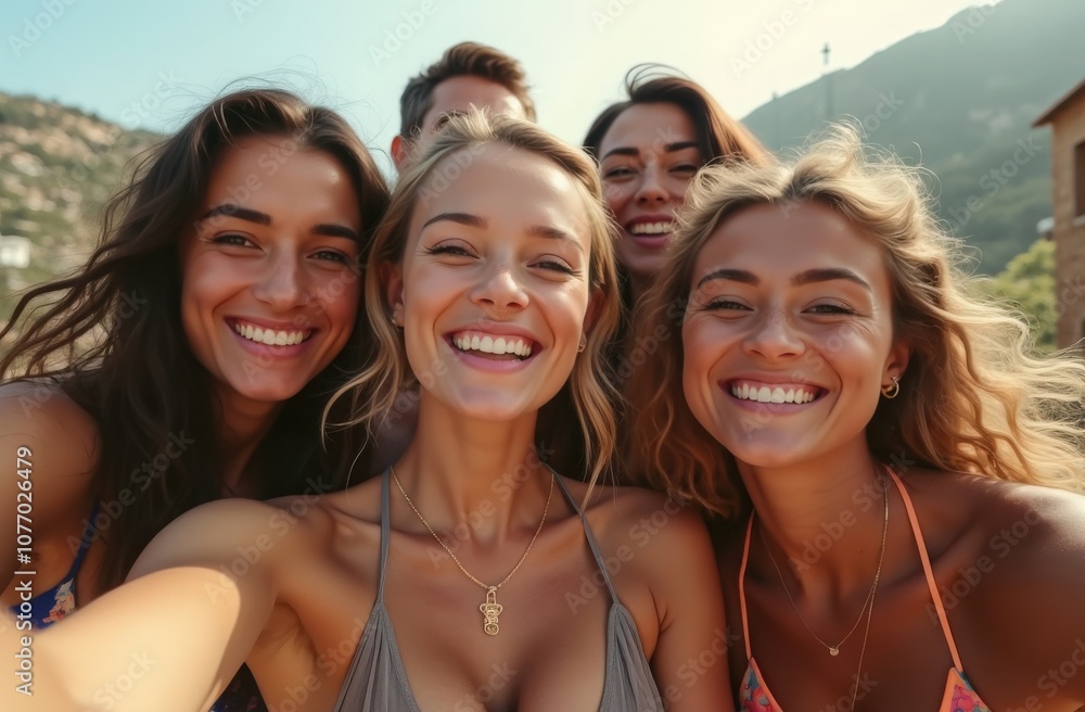 Fototapeta premium Group of friends enjoying a sunny day at the beach, capturing joyful moments together during summer vacation