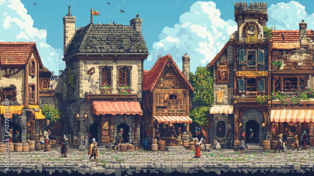 Fototapeta premium Charming medieval town with vibrant buildings and bustling market atmosphere.