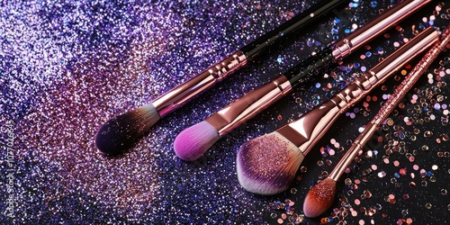 A flat lay of glitter makeup products and tools used for creating a glittery look.