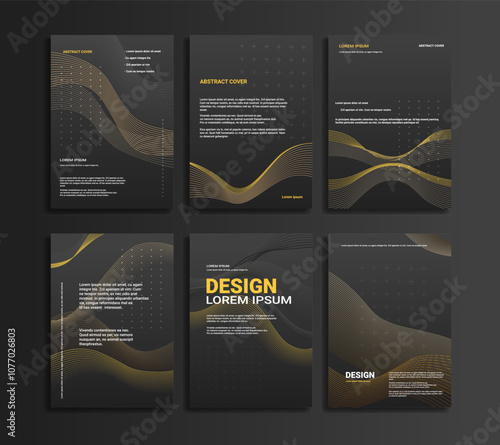 Magazine Cover with Abstract Design for corporate and business branding. Dark background with golden wave patterns and dotted grid elements. A4 format for company brochures and presentations