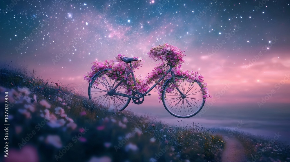 Obraz premium A vintage bicycle adorned with pink flowers under a starry night sky.