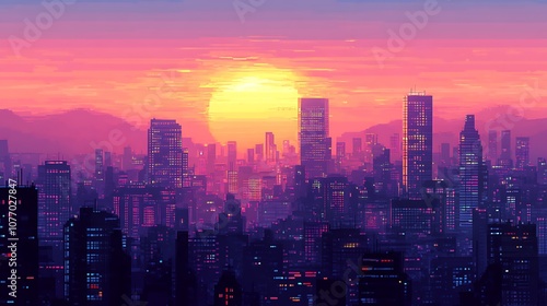 A vibrant sunset over a city skyline with tall buildings and mountains in the distance.