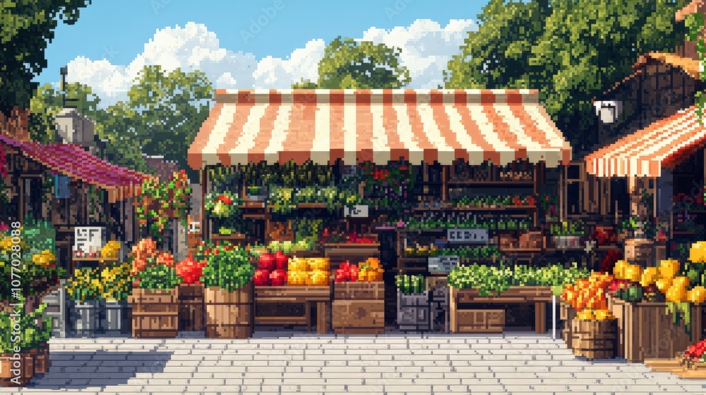 Fototapeta premium Vibrant farmer's market with fresh produce under striped tents and sunlight.